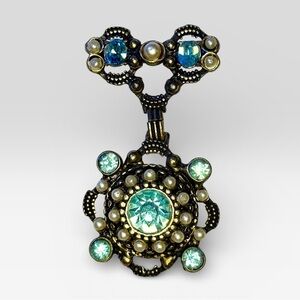 Vintage Mexico Aqua Rhinestone Dangle Brooch Victorian Style